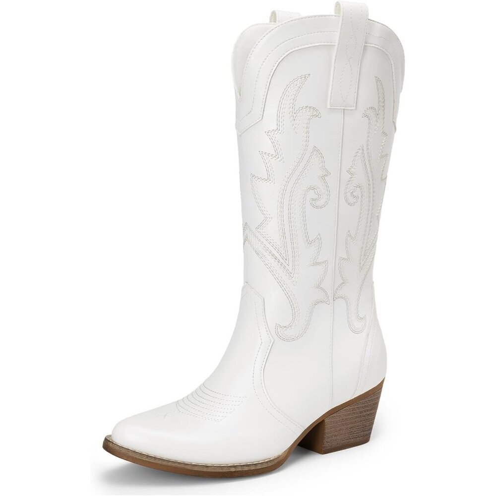 Women's White Mid Calf Cowgirl Boots Point Toe Chunky Embroidery Stitched Boots